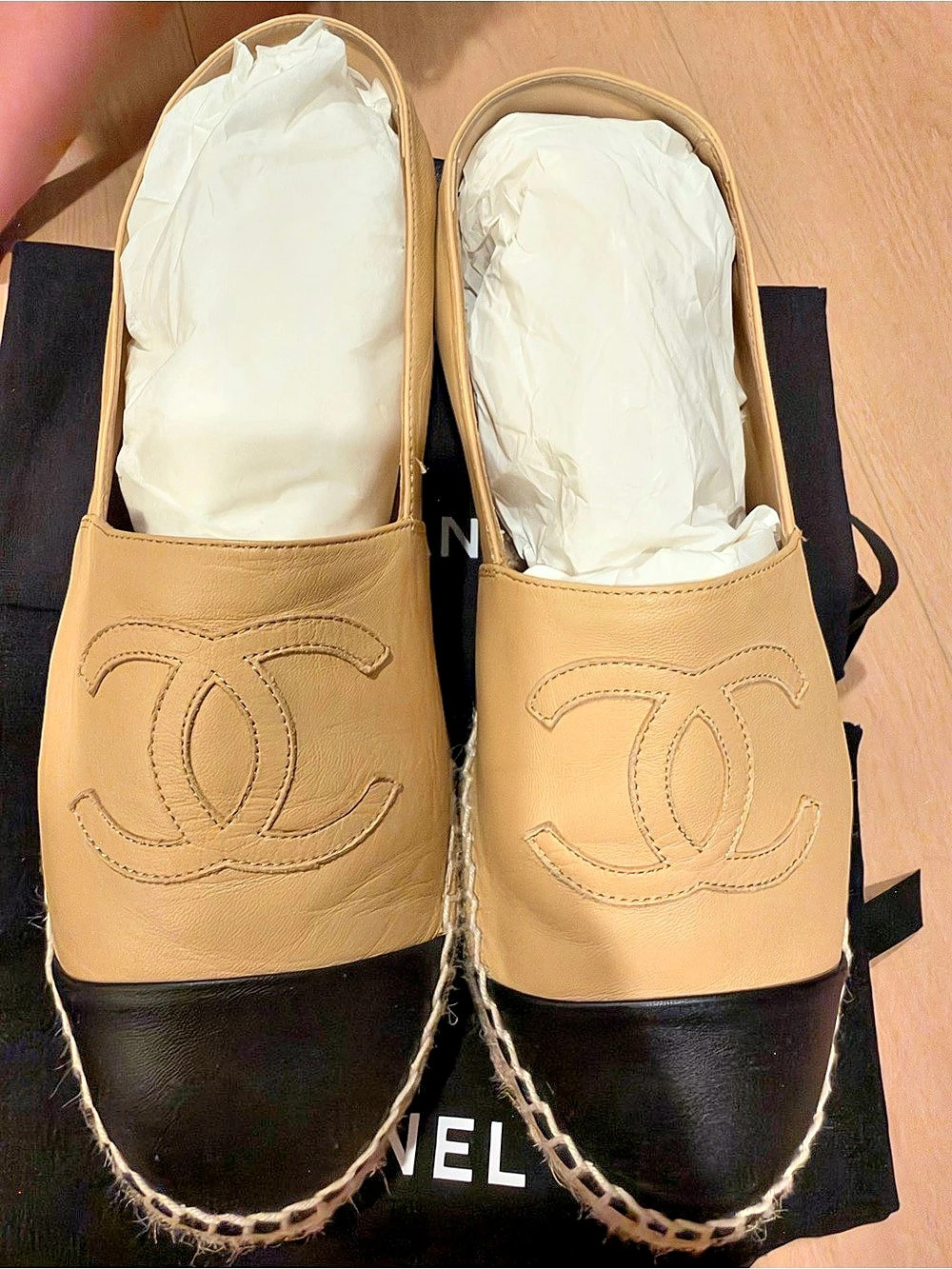 Chanel Lambskin CC Cap-Toe Espadrilles Beige Black US 10